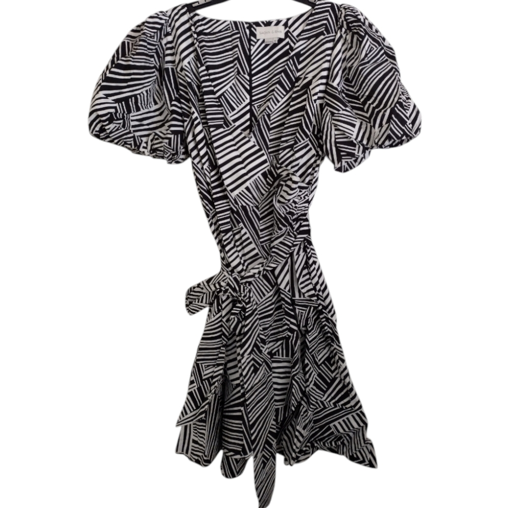 Sachin & Babi black and white mixed striped pattern wrap style dress size 16